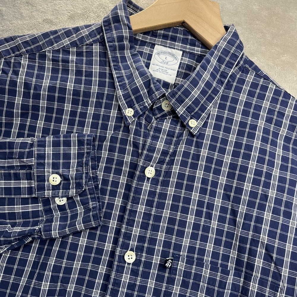Brooks Brothers 346 Button‎ Down Shirt Men's L Blue Plaid Slim Fit Cotton